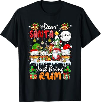 Just Bring Rum Christmas Three Santa Elf Rum Glasses Gnome T-Shirt