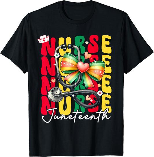 Juneteenth Scrubs Groovy African Bow Juneteenth Nurse Women T-Shirt