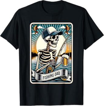 Funny Skeleton Fishing Dad Tarot Card Fisherman Halloween T-Shirt