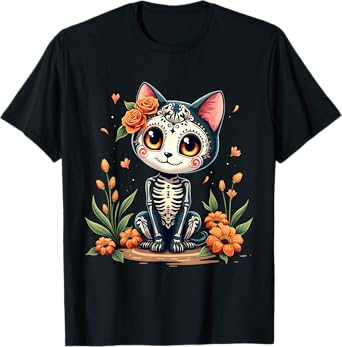 Colorful Sugar Skull Cat Tee Mexican Halloween T-Shirt for Men Women Kids