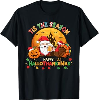 Tis The Season Happy Hallothanksmas Santa Gnome Turkey T-Shirt