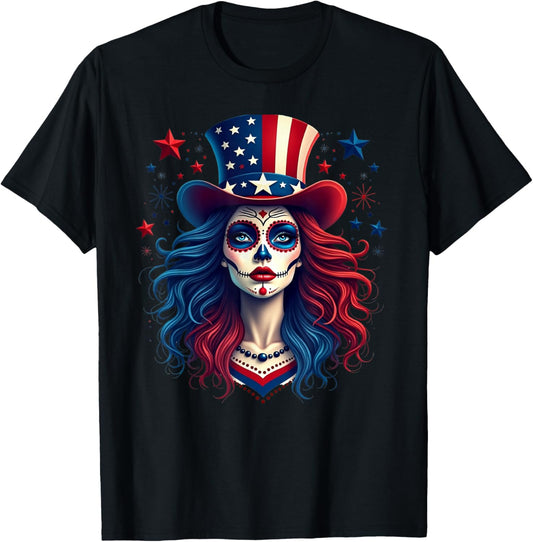 Sugar Skull 4th Of July American Flag Skeleton Women T-Shirt