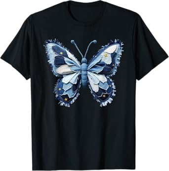 Butterfly Pattern Patchwork Art Denim For Butterfly Lovers T-Shirt