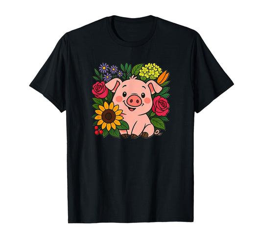 Cute Pig in Flowers Farm Animal T-Shirt
