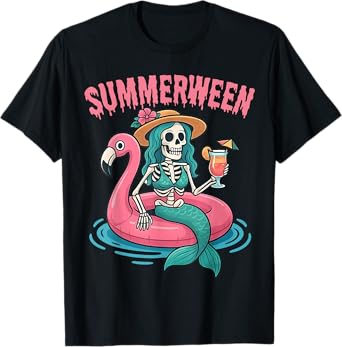 Summerween Mermaid Skeleton Beach Flamingo Halloween Girl T-Shirt