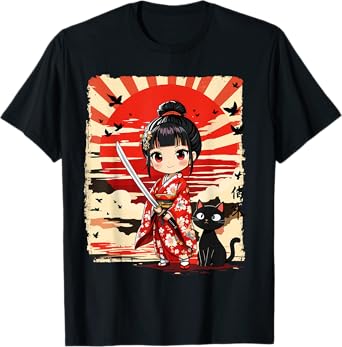 Cute Kawaii Samurai Girl and Cat Japanese Anime Kids Girls T-Shirt