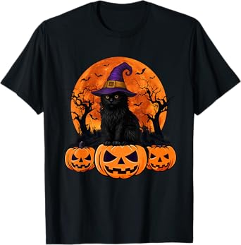 Vintage Scary Halloween Black Cat Costume Witch Hat And Moon T-Shirt for Men Women