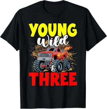 Kids Young Wild Three 3rd Birthday Boy Monster Truck 3 Years T-Shirt