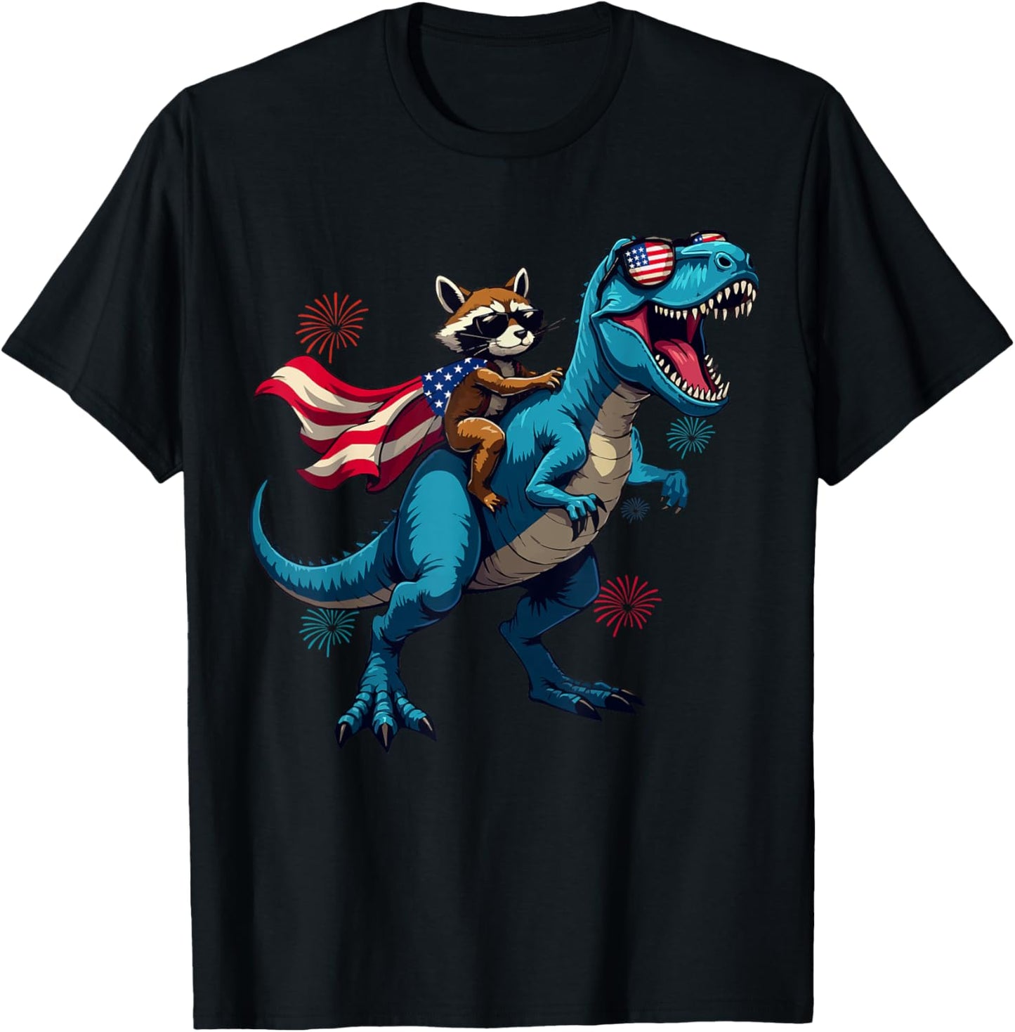 Funny Raccoon Riding T Rex 4th Of July US Flag Patriotic T-Shirt