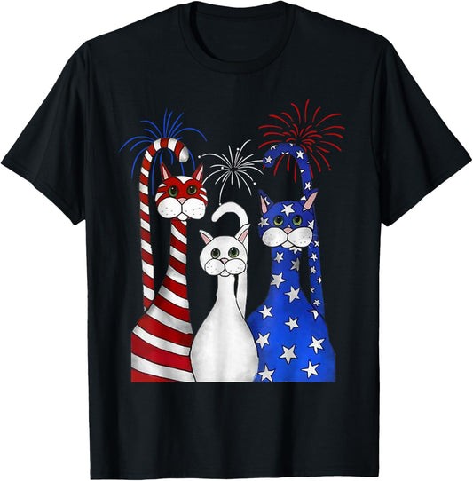 Red White Blue Cats USA Flag Firework 4th Of July Shirt T-Shirt