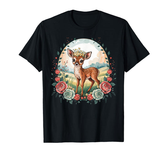 Vintage Cottagecore Deer in Floral Forest Retro Nature T-Shirt