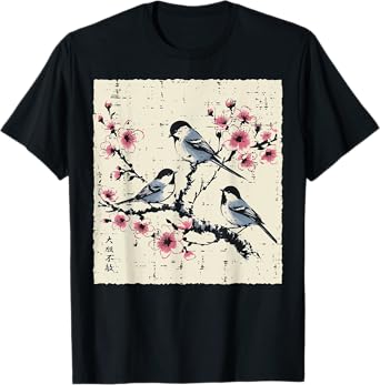 Japanese Cherry Blossoms Birds Vintage Sakura Men Women Kids T-Shirt