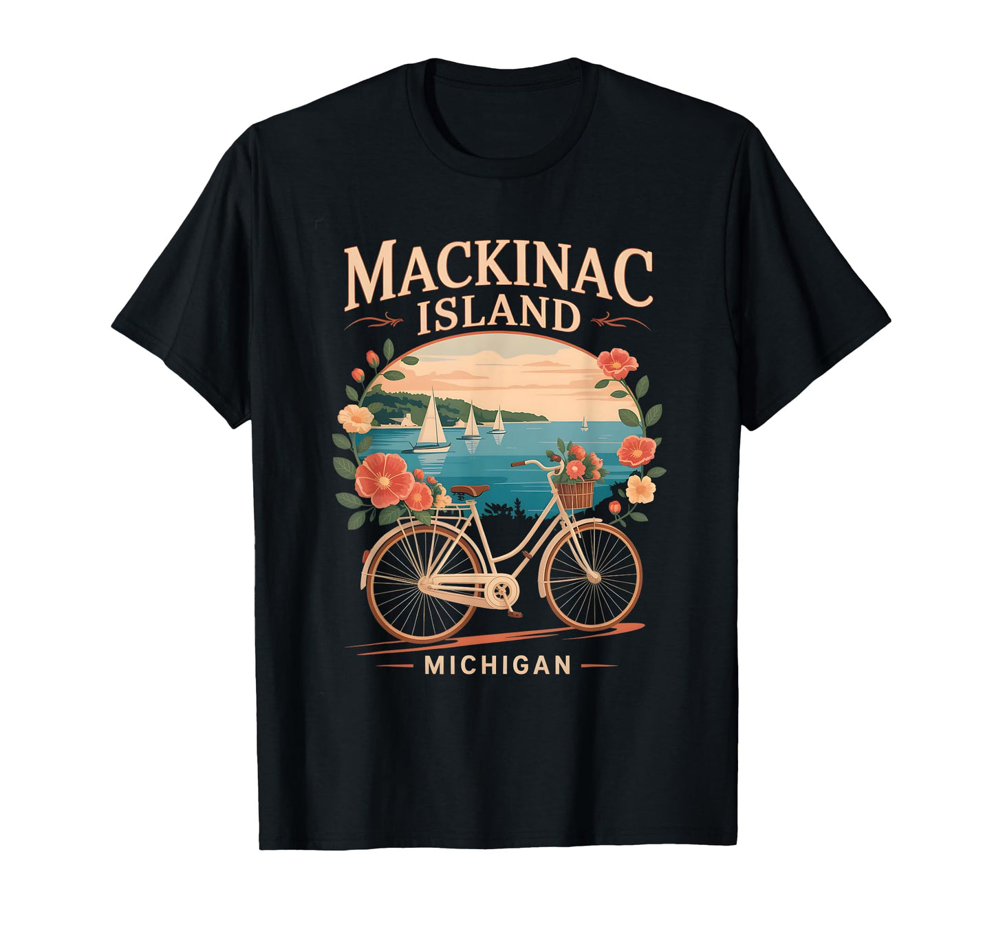 Vintage mackinac island michigan with Activities flower bike T-Shirt