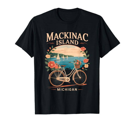 Vintage mackinac island michigan with Activities flower bike T-Shirt