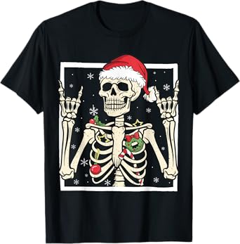 Rocker Skeleton Santa Hat Cool Christmas Punk Rock Men Boys T-Shirt