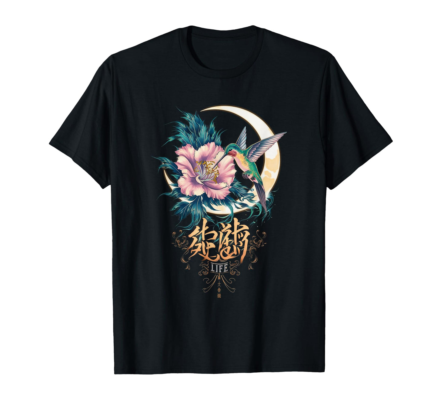 Vibrant Life Hummingbird with Hibiscus Moon Japanese Style T-Shirt
