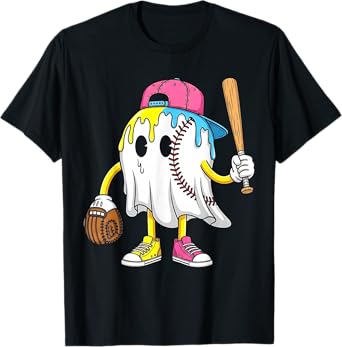 Ice Cream Drip Ghost Baseball Spots Baseball Drip Halloween T-Shirt