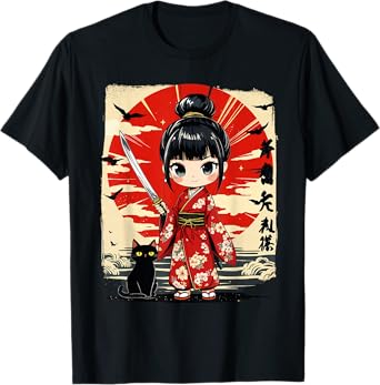 Cute Kawaii Samurai Girl and Cat Japanese Anime Kids Girls T-Shirt