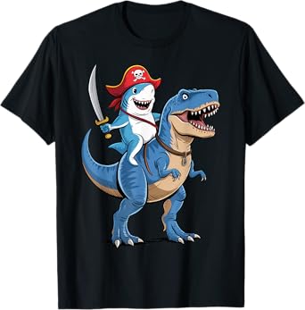 Shark Riding Dinosaur T Rex Pirate Funny Gifts For Boy Kids T-Shirt