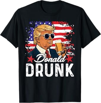 Donald Drunk Trump Drink Beer 4th Of July American Flag T-Shirt