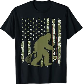 Bigfoot Sasquatch Fly Fishing American Flag Camo Vintage T-Shirt