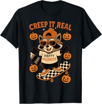 HUGvyn Halloween: Creep It Real Raccoon Skateboard Fall Boys T-Shirt