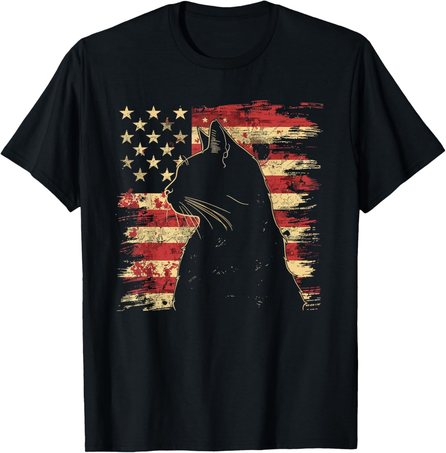 Unisex-Adult Vintage Patriotic Cat Silhouette Graphic T-Shirt, Black, Small, Short Sleeve