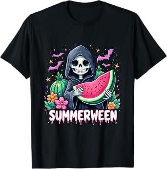 Funny Summerween Skeleton Watermelon Halloween Art T-Shirt