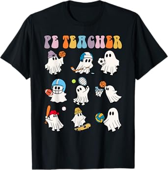 Halloween PE Teacher Ghost Playing Soccer Football Baseball T-Shirt