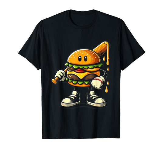 Hamburger Cheeseburger Playing Baseball Sports Player Fan T-Shirt
