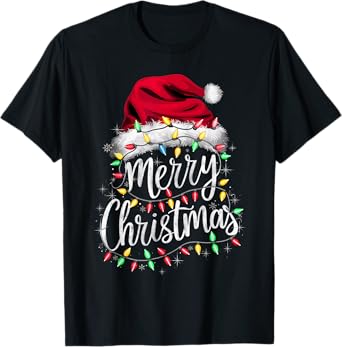 Merry Christmas Lights Red Santa Hat Xmas Family Men Women T-Shirt
