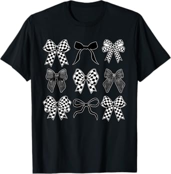 Coquette Bow Checkered Flag Race Car Racing Women Cute T-Shirt