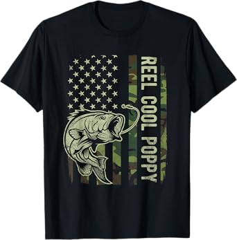 Reel Cool Poppy Camouflage American Flag Fathers Day T-Shirt