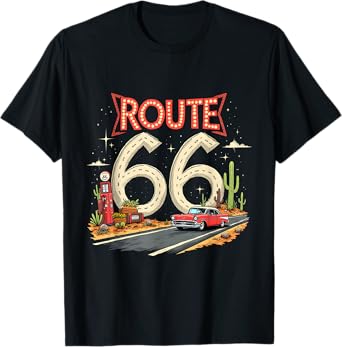 Classic Retro Route 66 Desert Scene with Red Vintage Car T-Shirt