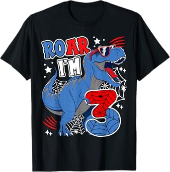 Dinosaur 3rd Birthday Spider Theme Party 3 Years Boy Kids T-Shirt