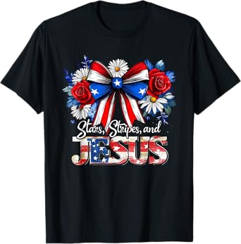 Stars Stripes and Jesus Bow Patriotic Christian Tee T-Shirt