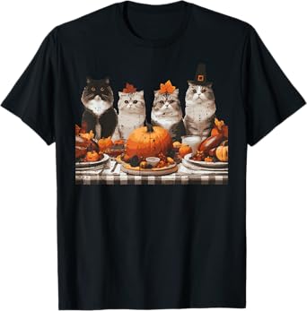 Thanksgiving Cats Dinner Feast Vintage Fall Men Women Kids T-Shirt