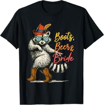 Funny Raccoon Cowgirl Boots Beer & Bride Oktoberfest Cowboy T-Shirt
