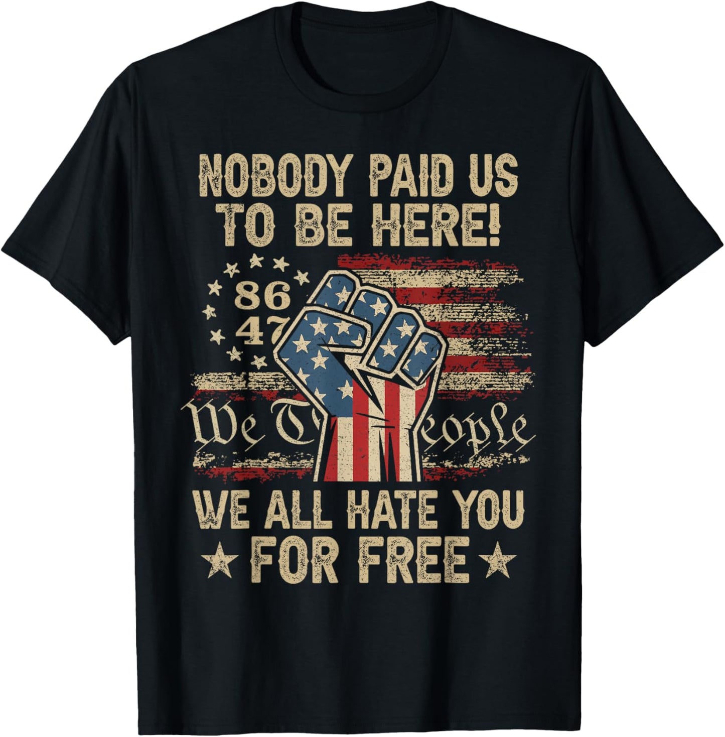 Nobody Paid Us To Be Here We All Hate You 8647 USA Flag T-Shirt