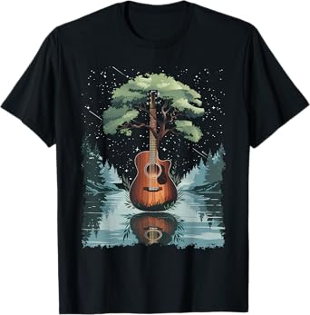Acoustic Guitar Tree and Moon By The Lake Guitarist T-Shirt