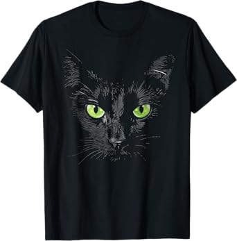 Funny Black Cat Face Green Eyes Kitten Halloween Costume T-Shirt for Men Women Kids