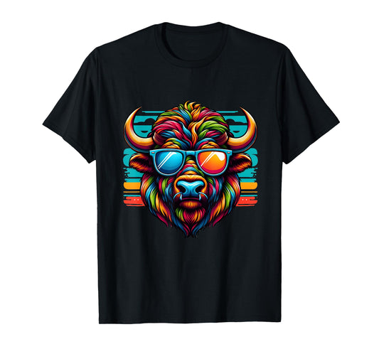Colorful Art Bison Buffalo Wearing Sunglasses Cheerful Color T-Shirt