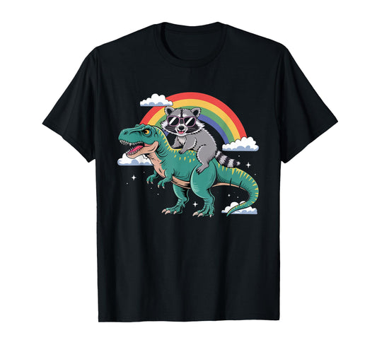 Funny Raccoon Riding T Rex Dinosaur Rainbow Fun Boys Girls T-Shirt