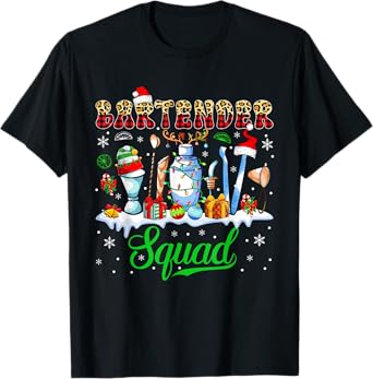 Bartender Squad Christmas Santa Reindeer Elf Bartender Tools T-Shirt