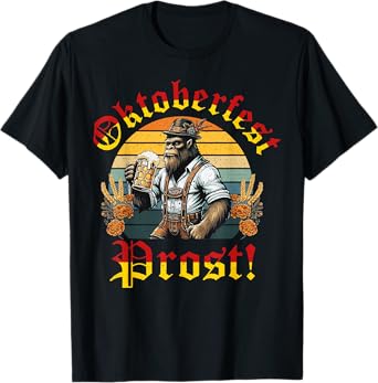 Vintage Prost Bigfoot Drinking Beer German Oktoberfest T-Shirt