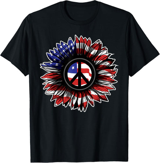 4th of July Sunflower Peace Sign Tshirt American Flag T-Shirt