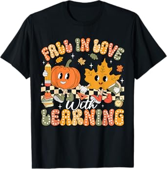 Retro Fall In Love With Learning Autumn Pumpkin Teacher T-Shirt