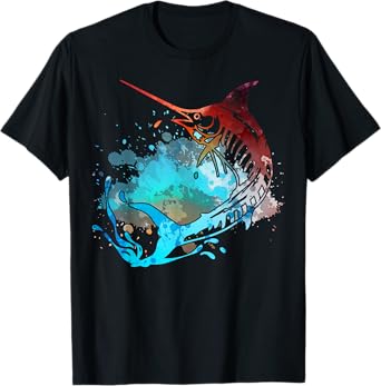Fishing Marlin Swordfish Retro Vintage Sunset Watercolor T-Shirt