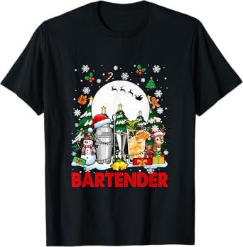 Bartender Job Tools Santa Snowmen Reindeer Christmas Trees T-Shirt