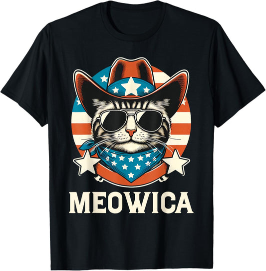 Meowica Cat Sunglasses American Flag Patriotic 4th Of July T-shirt